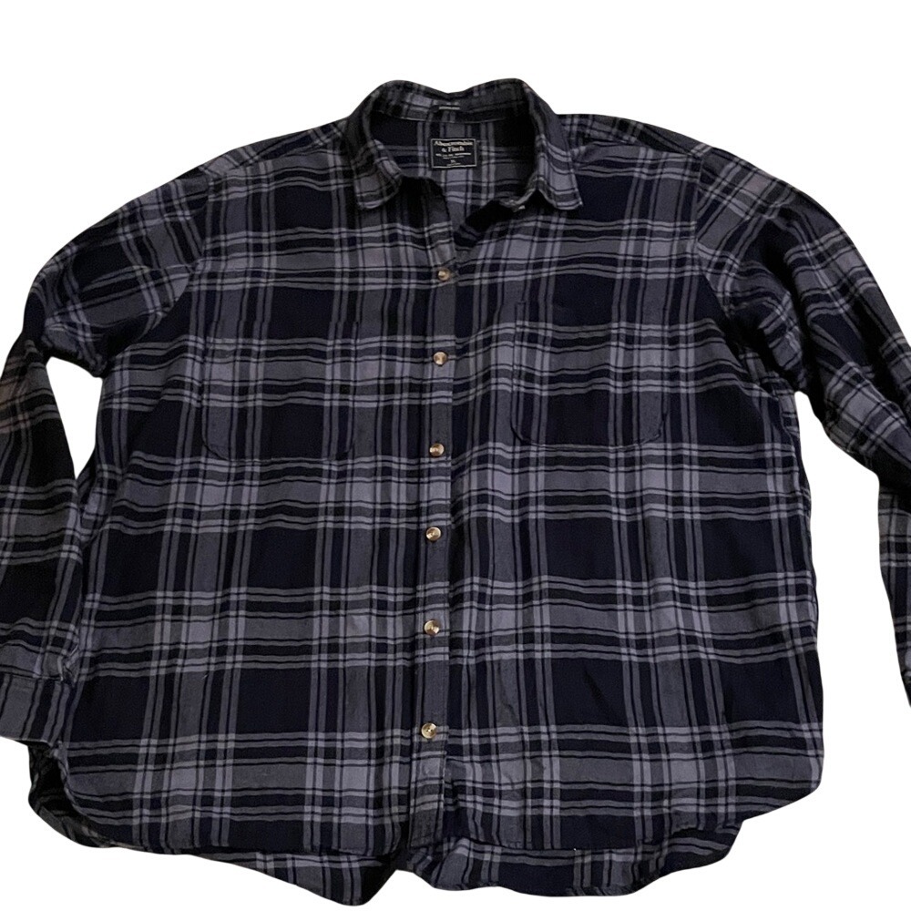 Abercrombie & Fitch‎ Navy Grey Plaid Boyfriend Flannel Shirt XL